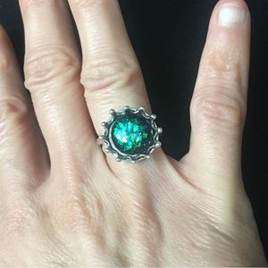 Circle Crown Shaped Mystical Green and Blue Sparkle Stone Ring